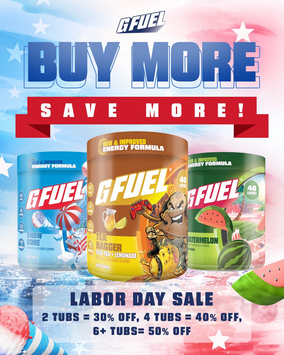 GFuelEnergy's tweet photo. The more you stock up, the more you save!🔥 

Shop: https://t.co/brD5a6FkUB

🔴 Buy 2 tubs, get 30% OFF
⚪ Buy 4 tubs, get 40% OFF
🔵 Buy 6+ tubs, get 50% OFF

Mix, match, and make the most of our Labor Day Sale before it’s gone! https://t.co/EkHLZxQ7dc
