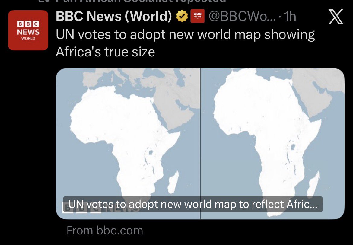 Big_Mck's tweet photo. 6 days after my report about the false projection of African’s size on the world map, UN has resolved to adopt a new map showing Africa’s true size. The United States was the only country to vote against.

Don’t forget to follow the @Spearhead_Af for more reports like this. https://t.co/3lm1zgGxNg