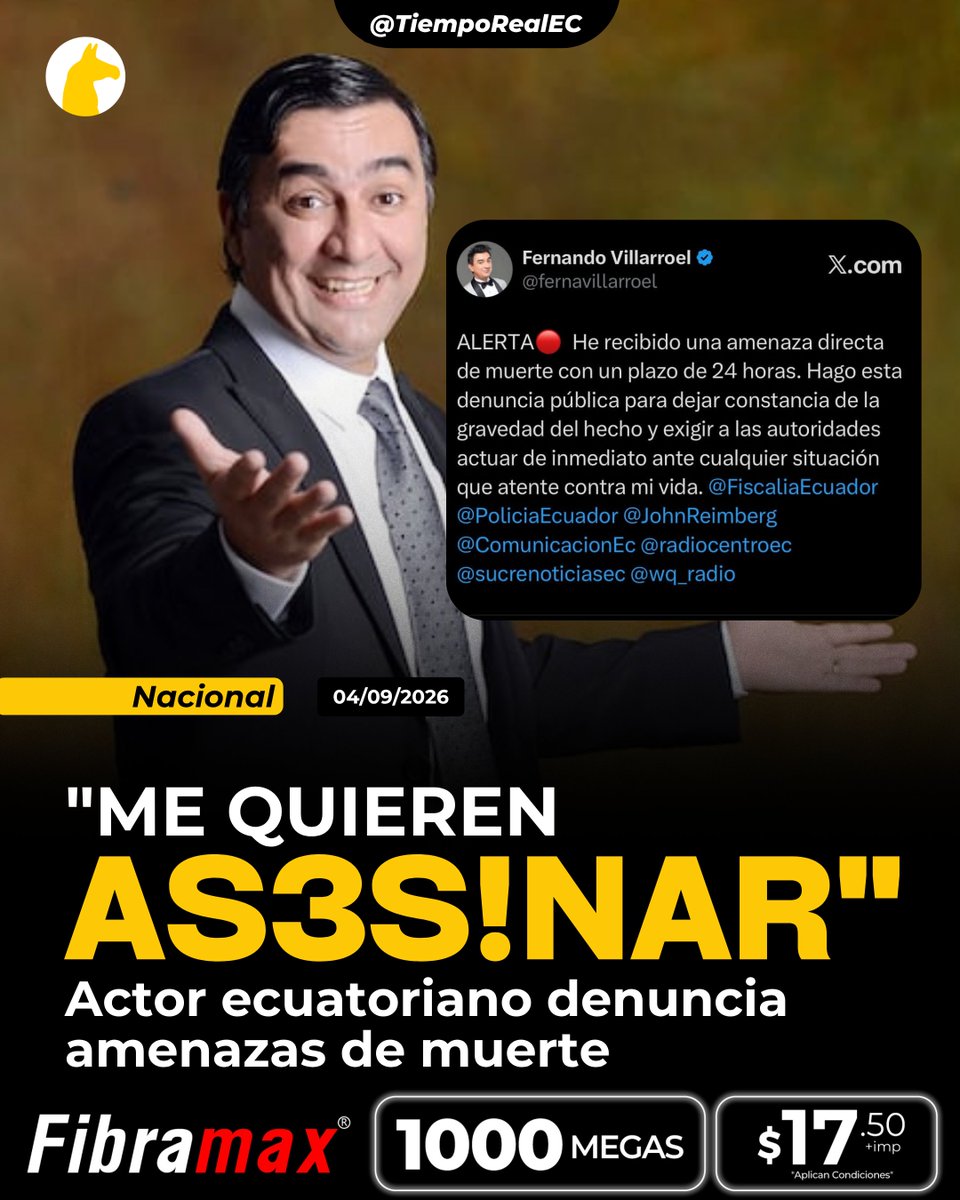 TiempoRealEC's tweet photo. 🚨 FERNANDO VILLARROEL DENUNCIA AMENAZA DE MUERTE CON PLAZO DE 24 HORAS

⚠️ El actor y candidato a concejal de Guayaquil Fernando Villarroel denunció este 4 de septiembre haber recibido una amenaza directa de muerte. En su publicación aseguró que el mensaje le daba un plazo de 24 horas y pidió actuación inmediata de las autoridades.

📱 Villarroel difundió una captura en la que un usuario escribió: “Pobre Fernando, le quedan menos de 24 horas”. El comediante etiquetó públicamente a Fiscalía, Policía Nacional y al ministro del Interior, John Reimberg, para dejar constancia de la amenaza.

🗳️ Villarroel participa actualmente en la contienda seccional como candidato a concejal de Guayaquil por ADN, dentro de la lista encabezada por Cynthia Viteri para la Alcaldía. Su candidatura ya había sido presentada junto a otros aspirantes del movimiento oficialista.

🎭 No es la primera vez que denuncia intimidaciones en 2026. En junio, tras publicar una parodia relacionada con Aquiles Álvarez, Villarroel difundió mensajes donde le advertían que lo estaban buscando y que pretendían secuestrarlo, episodio que también generó repercusión pública.

#TiempoRealPlus #VivimosHistorias #FernandoVillarroel #Guayaquil #Amenazas