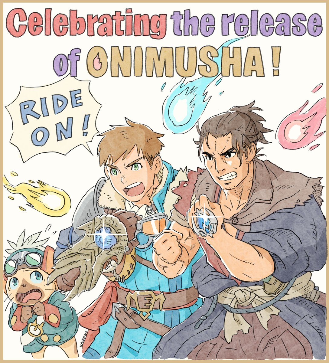 OnimushaGame's tweet photo. "What kind of gauntlet have I been gifted by this Rider and their strange talking cat!? I bet there's quite the story to it." 

Special artwork by #MHStories3 Art Director Takahiro Kawano, who also served as Character Design on Onimusha: Warlords and Onimusha 3: Demon Siege!" https://t.co/14APItFYOL