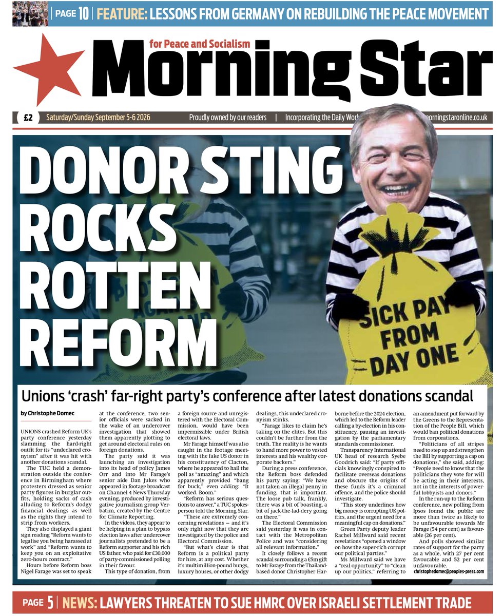 M_Star_Online's tweet photo. Tomorrow's front page: Unions crash Reform Party conference as Farage’s inner circle suspended in fresh donations scandal 

Subscribe to the Morning Star newspaper: https://t.co/mQraHmBqdr https://t.co/pu7v9tQLT1