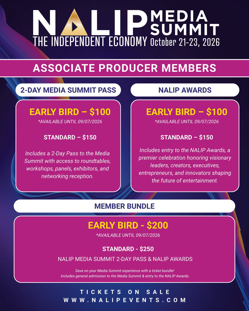NALIP_org's tweet photo. Don’t miss out on three days of celebration, connection, and industry leadership. Get your tickets before early bird pricing ends September 7th!

Join us October 21-23 at the W Hollywood for the NALIP Awards &amp; Media Summit.

Tickets on sale now at https://t.co/E3NpbEYfoB https://t.co/QXljHWw6sv