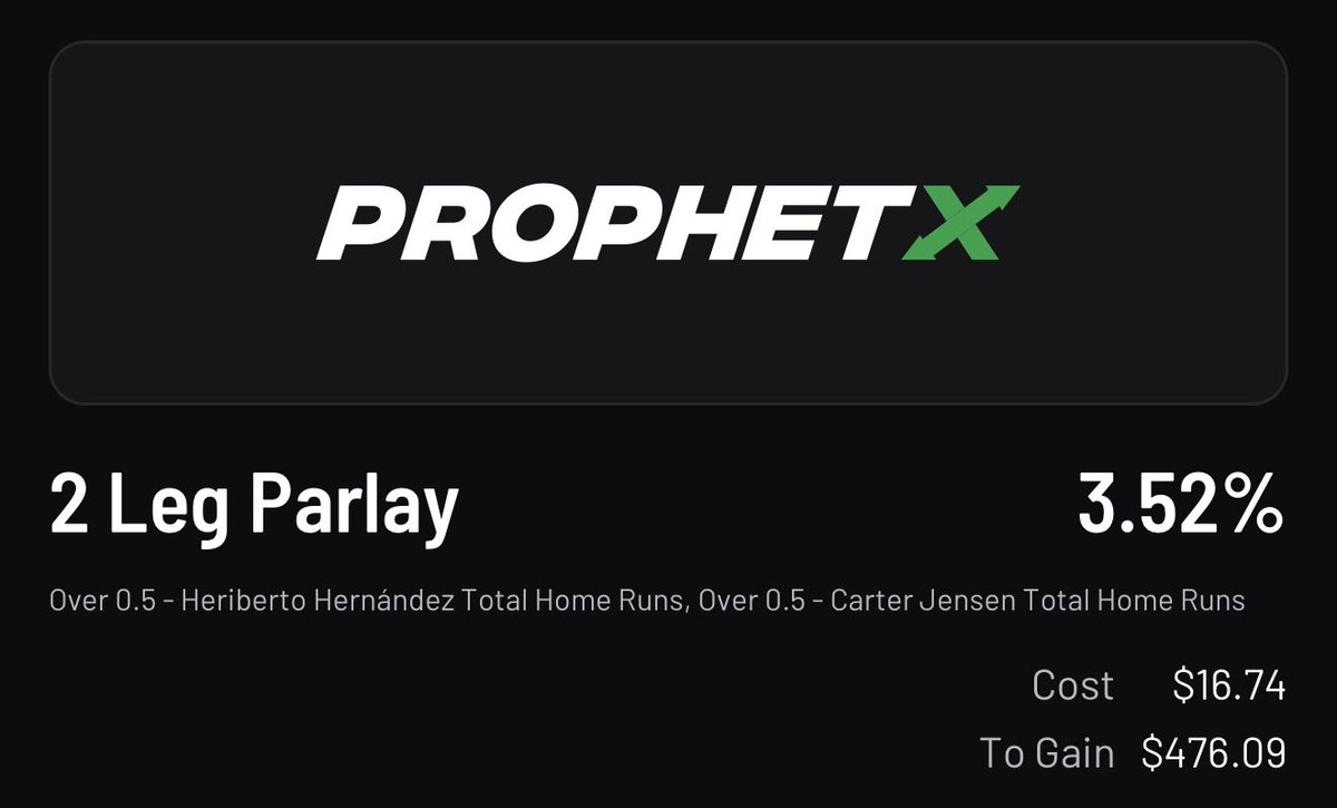 HomeRunPredict's tweet photo. Lets get it! Collab with @SammySmacks26 

Fire price on @ProphetX 

If you haven't signed up yet, trade $75 and get $50 using my code HRPREDICT. 

Link below https://t.co/xRoKjjgKVO