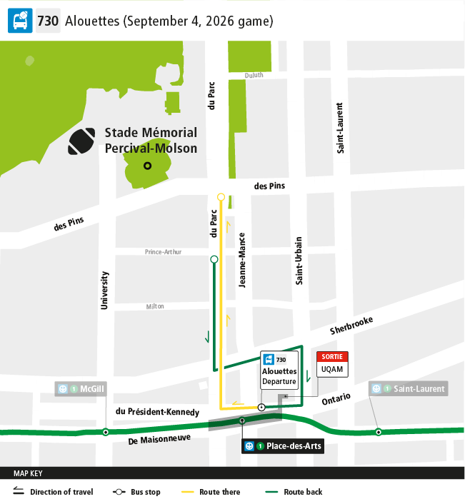 stm_Bus's tweet photo. [Montréal Alouettes] 🚌🏈🏟️ Attending tonight’s game? The #stm730 shuttle is in service to take you there from 🟢Place-des-Arts métro station!

⚠️ Please note: On the way back, make your way to stop 52298 Du Parc / Prince-Arthur for boarding. https://t.co/opkAbm9DfT