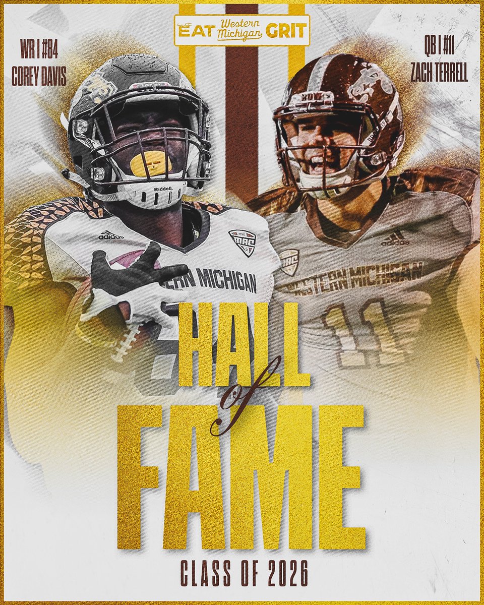 WMU_Football's tweet photo. Congratulations WR Corey Davis and QB Zach Terrell on being inducted into the WMU Hall of Fame!

#BroncoBuilt #theGOLDstandard📈 https://t.co/N8dUz1rG21