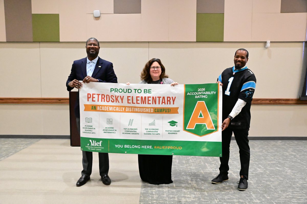 AliefISD's tweet photo. Our Instructional Leadership Team came together to celebrate our schools and the incredible work happening across Alief ISD! We’re showcasing our schools and celebrating their Accountability Ratings with new banners that highlight their achievements. If you spot one of these banners at your campus, take a selfie with it and tag Alief ISD. We want to see you celebrating! We’re #AliefProud! #YouBelongHere
For more photos, please https://t.co/McFvelizLz