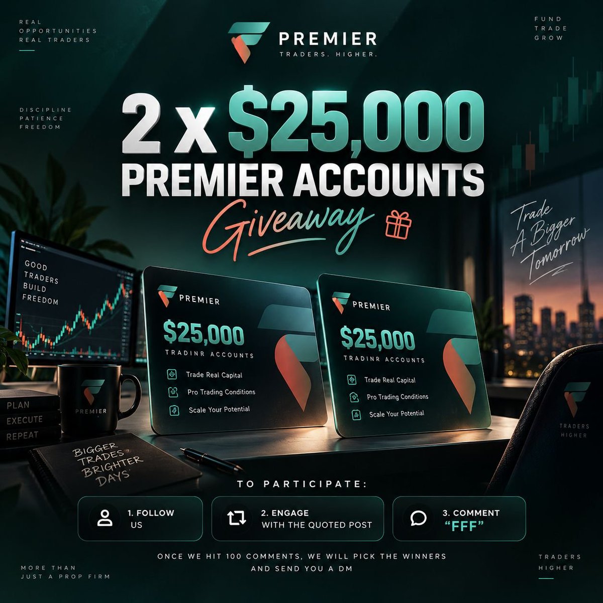 Mukul_FX's tweet photo. 2 X $25,000 PREMIER ACCOUNTS GIVEAWAY 🎁

We’re giving away 2 × $25,000 Premier Accounts! 

• Follow us
• Like &amp; repost the quoted post
• Comment “FFF” below 👇

Once we hit 100 comments, we’ll pick the winners and DM them directly.

$50,000 in accounts. 🚀

Good luck! https://t.co/oVUzFuT8uL