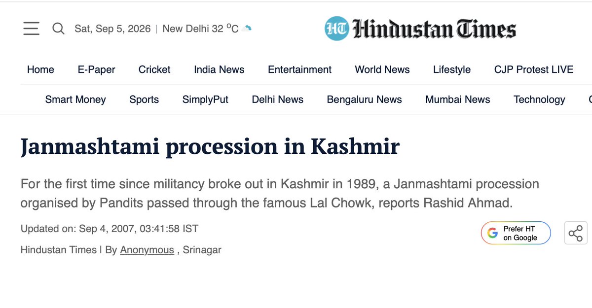 SalmanSoz's tweet photo. Here's a @htTweets report documenting celebration of Janmashtami in Lal Chowk, Srinagar in 2007! At the time, J&amp;K had a Congress Chief Minister.

Keep misleading your viewers in service of your masters. https://t.co/HsAASV1QzR https://t.co/vhgUXPrRYB