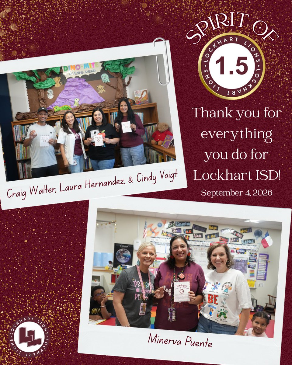 LockhartISD's tweet photo. ๐ Spirit of 1.5๐This week, weโre celebrating Craig Walter, Laura Hernandez, Cindy Voigt, and Minerva Puente! โค๏ธ From Free Play Fridays to building meaningful relationships, these leaders help our Lions feel ready to succeed. ๐ฆhttps://t.co/9IkITmhIxx
#LockedInForLockhart https://t.co/fWbv55GhME