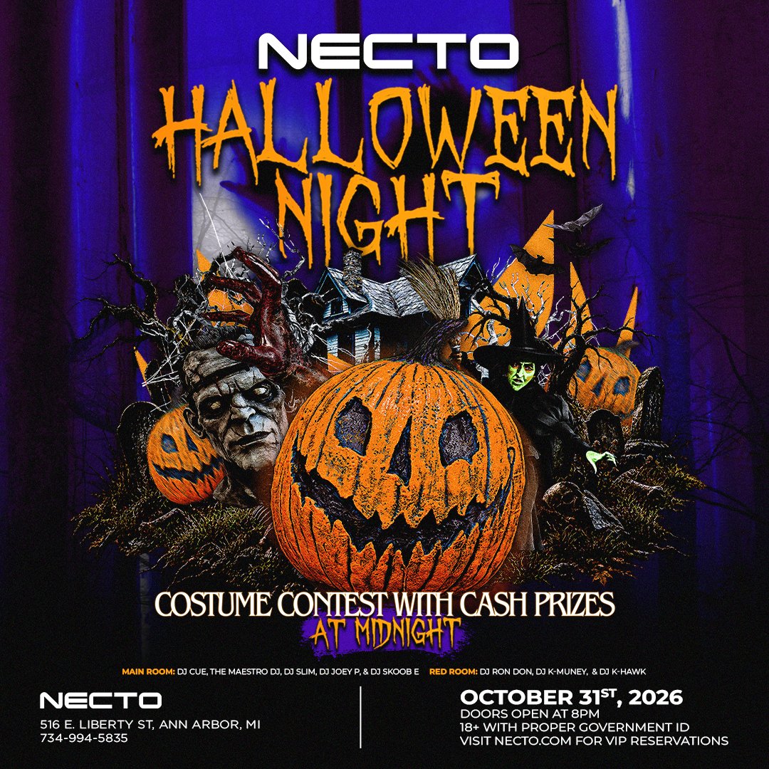 Necto's tweet photo. 🕸️ It would be terrifying to miss out on Ann Arbor’s best Halloween party! 🎃 

The spookiest night of the year makes for one of the best nights out. 👻

Don’t forget to wear a costume! Enter our costume contest at Midnight hosted by Joey P for your chance to win cash prizes! 😈 https://t.co/FGSX6NzXL1