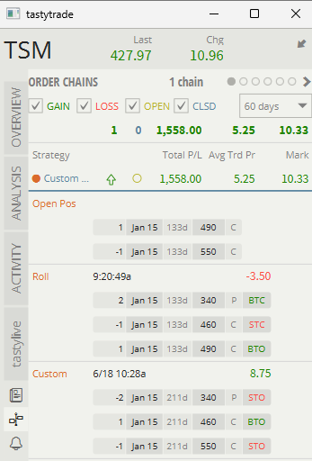 MyComputer2Much's tweet photo. $TSM LEAPS Super Bull
Paid $352 to lock in $519 net profit, leaving a "free" Bull Call Spread

Potential $6K additional if $TSM closes above $550 at January expiry (currently 27% PoT); GTC set for half that amount.

💰15% ROC in 78 days
🛟Removed downside risk
🤑+$6K potential https://t.co/Essaz0l0bi