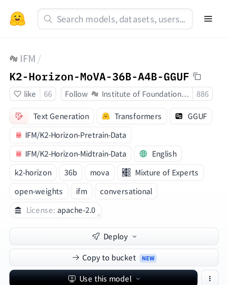 HuggingModels's tweet photo. Ever wanted a massive 36B model that runs on your own hardware? Meet K2-Horizon-MoVA-36B-A4B, a GGUF quantized text generation powerhouse. It's a Mixture of Experts with only 4B active params, so you get big model intelligence without the huge compute cost. Open weights, ready to download! #AI #LLM
