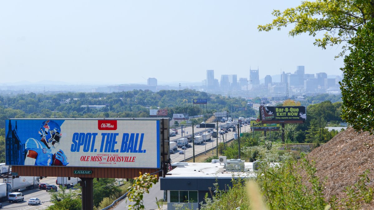 OleMissFB's tweet photo. SPOT. THE. BALL. 

@olemissfb fans be on the lookout for your Rebels on 12 different digital billboard locations in Nashville! https://t.co/5KjkJW2k51