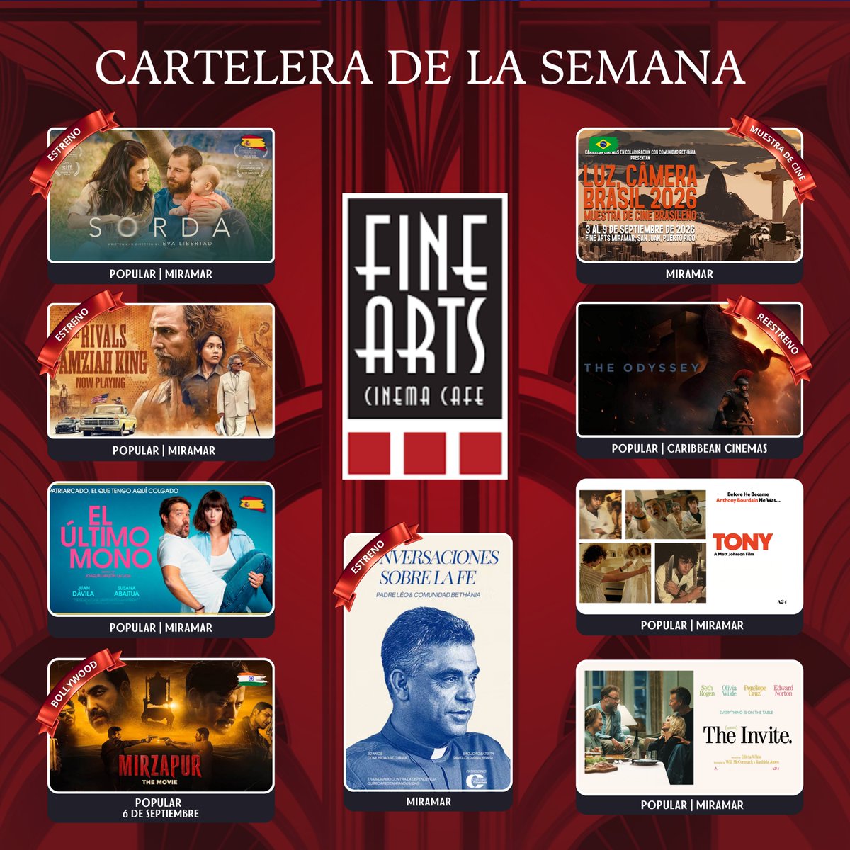 caribbeancinepr's tweet photo. 🎬🍿 Cartelera de la semana para Fine Arts – Del 3 al 9 de septiembre.
🎟 Boletos en: https://t.co/IikNuvRhfw

🇧🇷🎞️ Muestra de cine: Luz, Câmera, Brasil (3 al 9 de septiembre, Fine Arts Miramar)
🎟️ https://t.co/F6H4Y4Z78S

#NowPlaying #FineArts https://t.co/KNJZZCKa0O