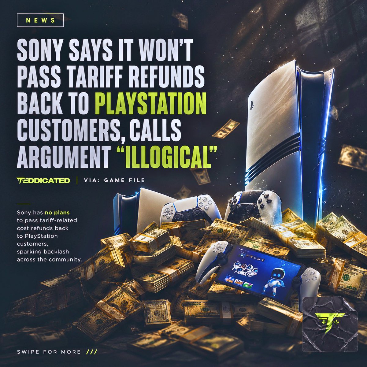 Teddicated's tweet photo. Despite recent legal shifts, Sony has officially confirmed they have zero plans to pass tariff back to PlayStation customers.

#PlayStation #Sony #PS5 #GamingNews #TechNews #ConsumerRights #PlayStationNetwork #GamingCommunity #VideoGameIndustry #ConsoleGaming https://t.co/cmhC3BiwRx
