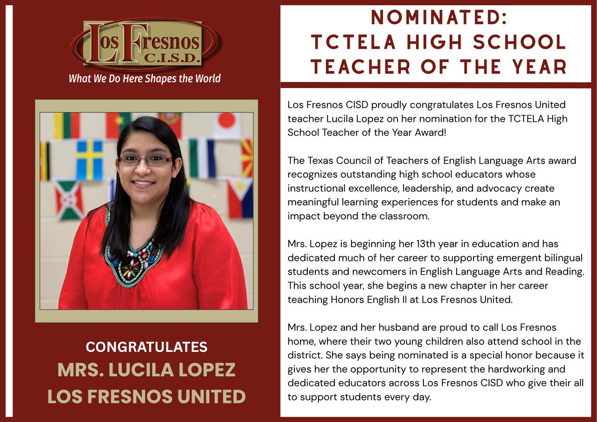 LosFresnosCISD's tweet photo. Congratulaations @LFUnited teacher Mrs. Lucila Lopez - nominated for the TCTELA High School Teacher of the Year Award! https://t.co/AF4ScsqCea