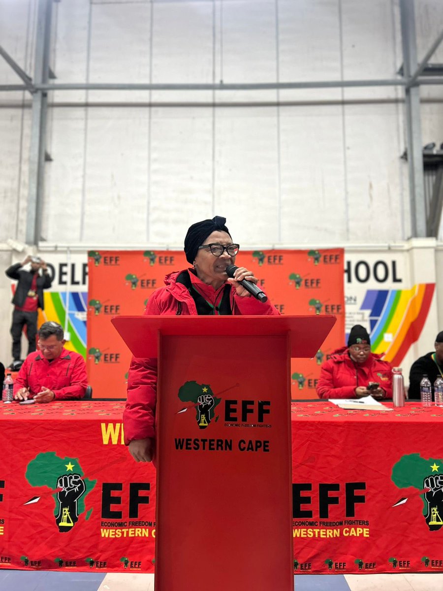 EFFSouthAfrica's tweet photo. [In Pictures] The Incoming Mayor of the City of Cape Town, Hon @Nolutshungu_N, delivering a keynote address at the Cape Metro Ground Forces Forum at Delft South Primary School, Zone 2, in the Cape Metro.

#VictoryOrDeath
#VoteEFF2026 https://t.co/QzrHvZzYVT