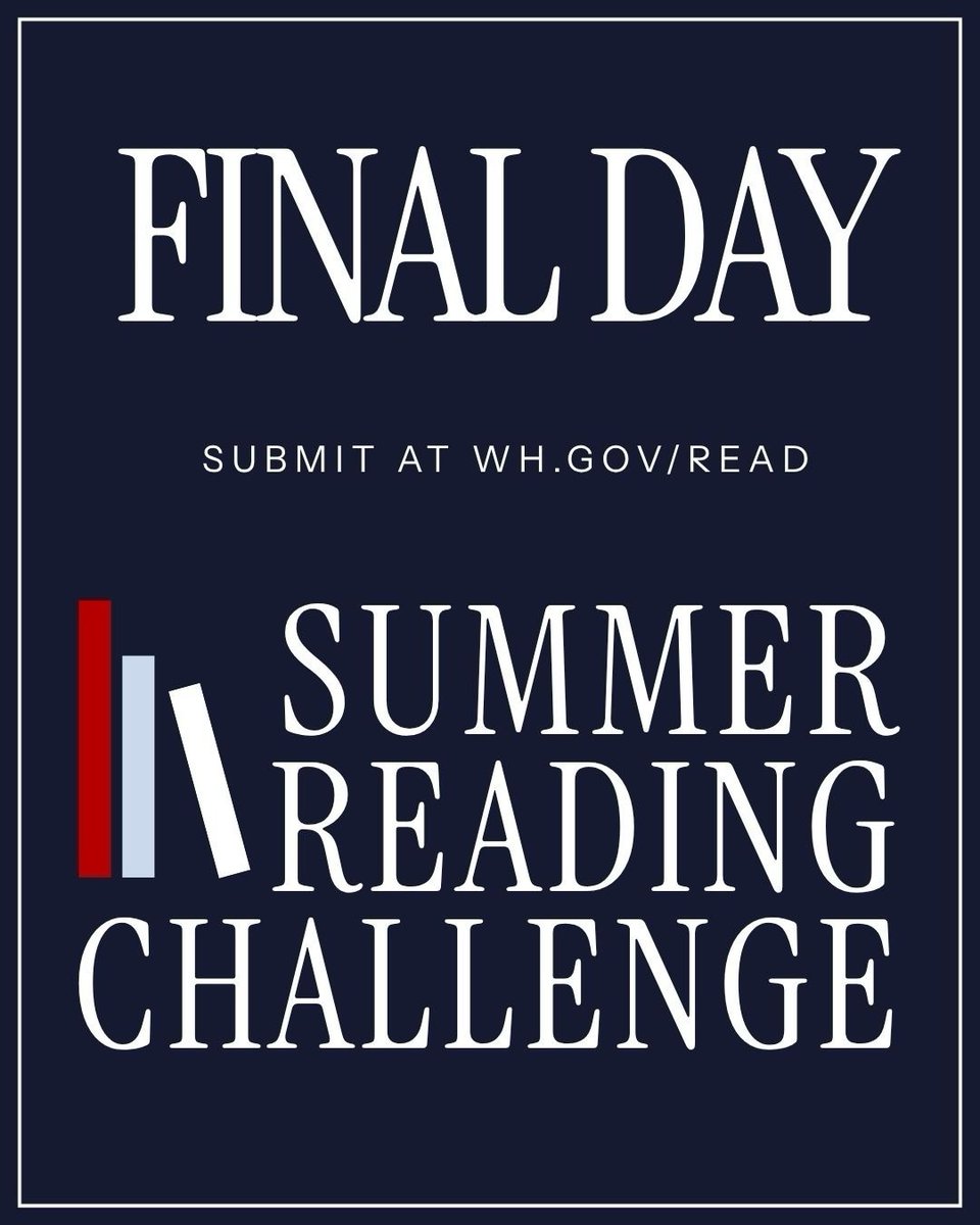 JDVance's tweet photo. To the kids and parents out there, today is the last day to submit your reading log for @SLOTUS’s summer reading challenge. 

Download and submit your reading log at https://t.co/GHOAawFNXn for prizes and a chance to visit the White House! https://t.co/pti2zezalo
