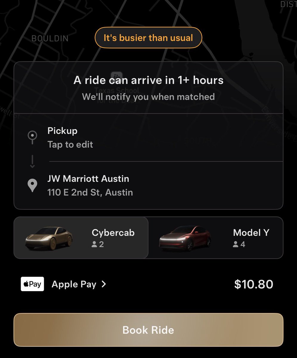 SawyerMerritt's tweet photo. Cybercab rides officially went live for the general public in Austin ~20 minutes ago and wait times immediately went from 5-10 minutes to 1+ hour, and prices also increased.

Tons of people wanna try Cybercab! https://t.co/ytqjDLGMOX