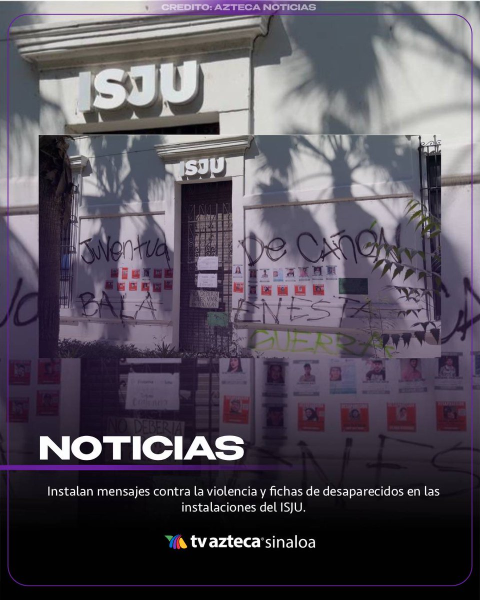 AztecaSinaloa's tweet photo. #Culiacán ‼️🪧Fichas de personas desaparecidas, cartulinas y consignas fueron colocadas en la fachada del ISJU, donde manifestantes #cuestionaron las prioridades del gobierno morenista frente a la crisis de vi0lenc1a en Sinaloa. 👇 #TvAztecaSinaloa
Conoce más en nuestros noticieros. 📡