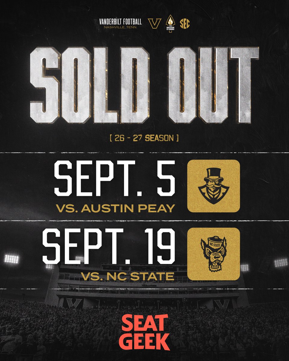 VandyFootball's tweet photo. Two games. Two sellouts.

For those still interested in attending, tickets can be purchased via @SeatGeek, the official fan-to-fan ticket marketplace of Vanderbilt Athletics.

🎟️ https://t.co/PNqb1y83Uc