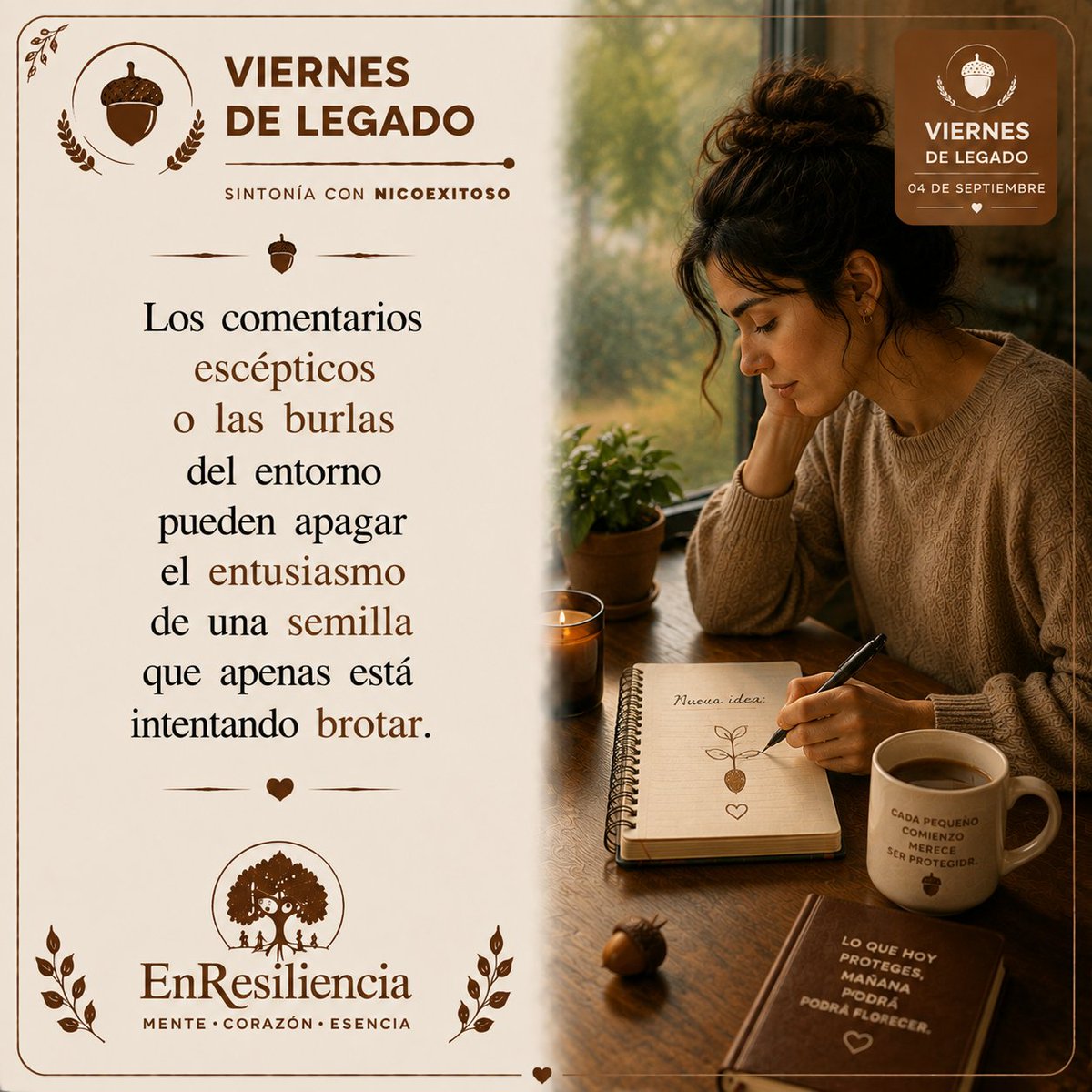 NicoExitoso's tweet photo. No todo el mundo tiene la capacidad o la sensibilidad para cuidar la fragilidad de tus comienzos.🌱 Cuando estás iniciando un cambio de vida, un emprendimiento o una sanación profunda, el silencio es tu mejor aliado.🌾

#Paciencia #CrecimientoSilencioso #RaicesProfundas #Bellota https://t.co/InvD5W9K94