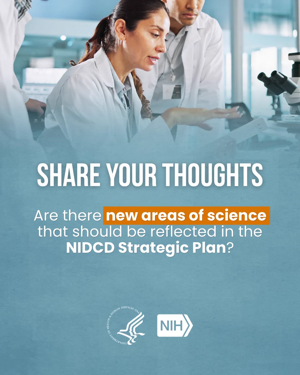 A group of people in lab coats are working in a laboratory setting. Text on the image reads, "SHARE YOUR THOUGHTS: Are there new areas of science that should be reflected in the NIDCD Strategic Plan?" Logos for the U.S. Department of Health & Human Services and NIH are at the bottom.