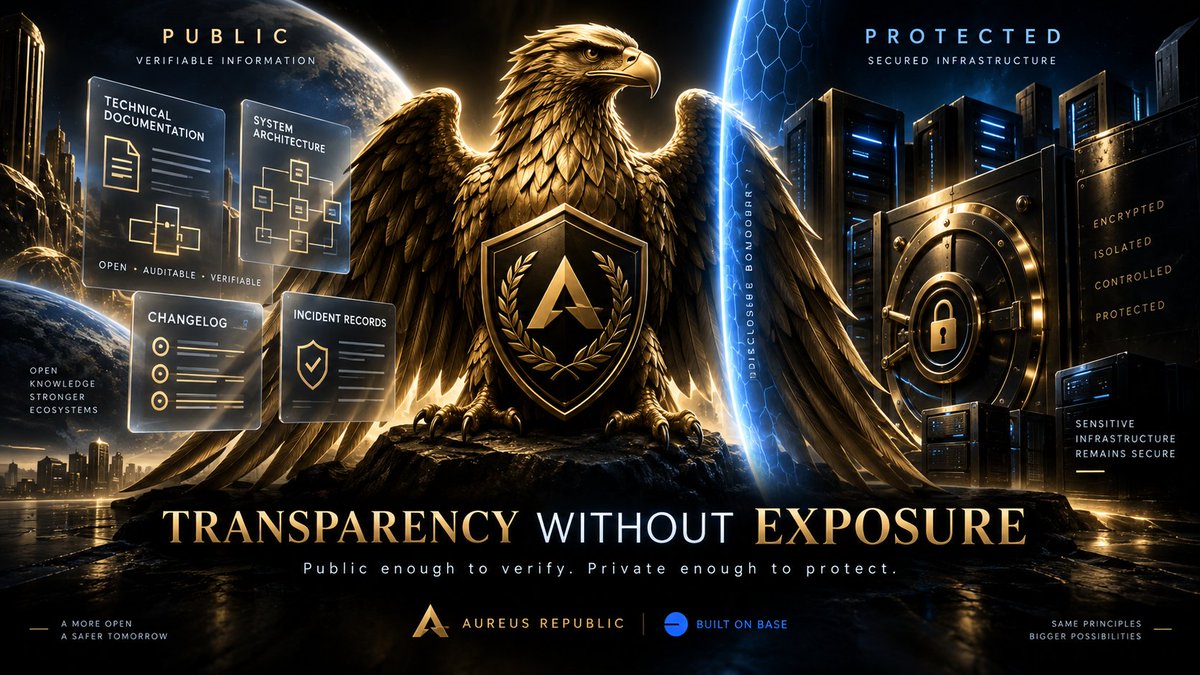 AUREUSONBASE's tweet photo. 🇪🇺 Web3 transparency should not mean exposing the keys to your infrastructure.

🔎 Aureus Republic publishes sanitized technical documentation on GitHub so architecture, resolved incidents and technical progress can be verified — without exposing credentials, private topology or production-sensitive data.

🛡️ Transparency is strongest when it increases accountability without increasing the attack surface.

🦅 Public enough to verify. Private enough to protect.

What should every Web3 project disclose by default — and what should never leave production?

#Base #Web3Security #Transparency #OnchainInfrastructure

$AURX | Base
CA: 0x1b6cce60d34cd88556f9d71e9161ede935d99b07
🌐 https://t.co/9LyHfmLDY2