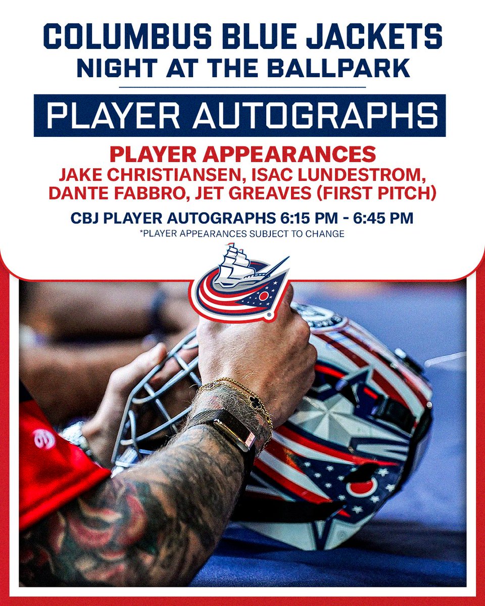 CLBClippers's tweet photo. Blue Jackets will be in the building! Get your autographs before first pitch from 6:15pm-6:45pm behind home plate ๐โ๏ธ
#ClipShow | #5thLine https://t.co/WmbU0iXWU7