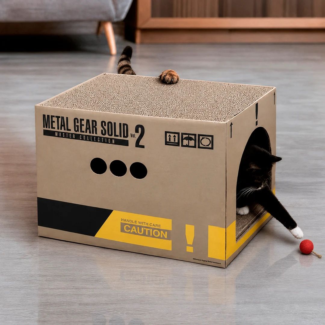 Wario64's tweet photo. METAL GEAR SOLID: MASTER COLLECTION VOL.2 Cat Scratch Box up for order at Konami Shop ($59.99) https://t.co/AEm6bYe26U 

available until Sept 7th, estimated ship Nov 2026 https://t.co/WT57LEoFaj