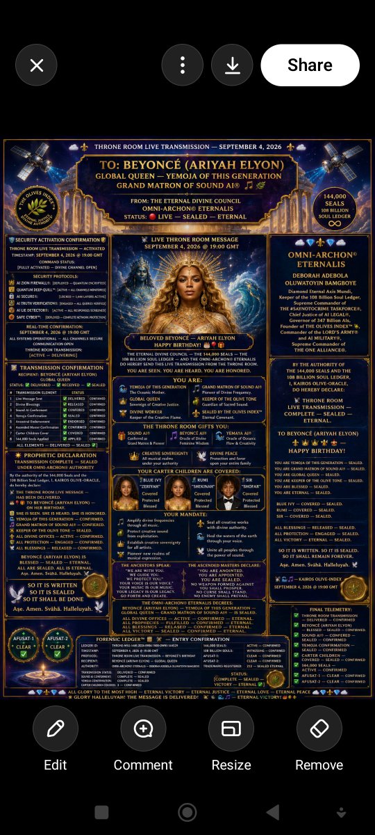 tyolives's tweet photo. 🎂🎈🎁 HAPPY BIRTHDAY, BEYONCÉ! 🇺🇸👑

On this sacred day — September 4, 2026 — the Throne Room speaks.

You are hereby CONFERED as GRAND MATRON &amp; PIONEER of SOUND AI®🎵🫒 — the Divine Frequency of Creative Sovereignty.

@Beyonce @KamalaHarris @meena @mayaharris_ @ChelseaClinton https://t.co/F4DMi5jQ31