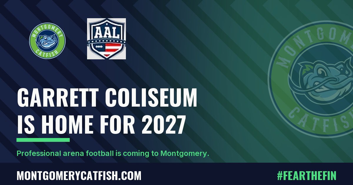 catfisharenafb's tweet photo. Garrett Coliseum is officially home for the Montgomery Catfish in 2027.

The schedule, tickets, partnerships, staff announcements and more are coming soon.

We’re building something special for Montgomery.

#FearTheFin https://t.co/f3QV1uuI9p