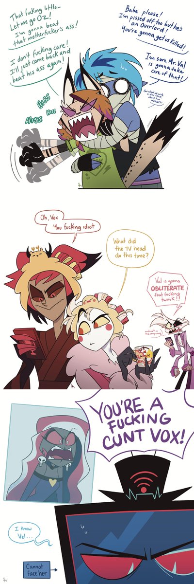 SChayChayM's tweet photo. Signal Loss BONUS

The news have spread like wildfire lmao 😂

With Special Guest: La Chancla 🩴

Yes, Alastor has a phone because he learned it's the easiest way to stay in touch with Vax. He hates it

And yes, he's married to Lu by this point in the story

#StaticMothParentsAU https://t.co/tN4q72K1IT