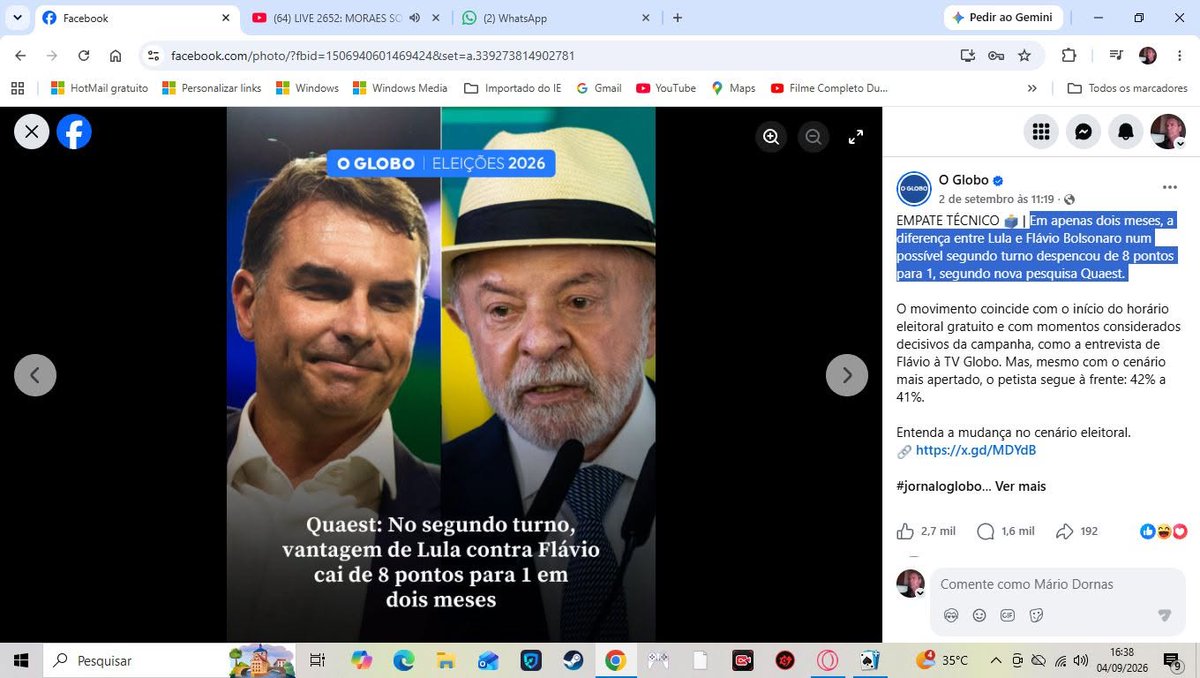 1964md's tweet photo. Ô, Glória! - Em apenas dois meses, a diferença entre Lula e Flávio Bolsonaro num possível segundo turno despencou de 8 pontos para 1, segundo nova pesquisa Quaest. https://t.co/iVxmmbRsdw