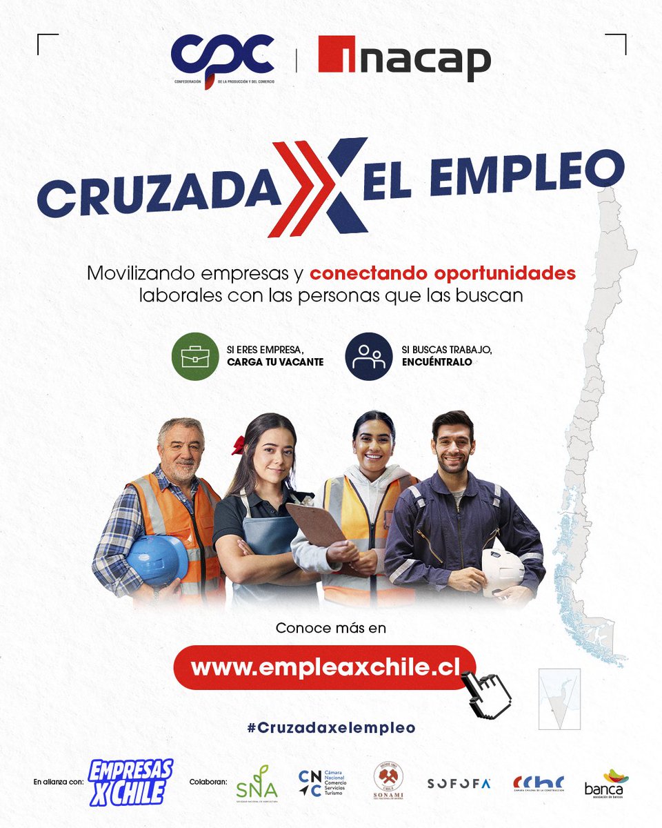 Sonami_Chile's tweet photo. Desde SONAMI nos sumamos a la Cruzada x el Empleo, iniciativa impulsada por la @CPCchile e @Inacapinos para movilizar a empresas de todo el país y conectar nuevas oportunidades laborales con quienes hoy buscan trabajo.

🎯 La meta: generar 20.000 nuevos puestos de trabajo en 6 meses.

El empleo es un desafío de todos los sectores productivos, y la minería también es parte de este compromiso.

👉 Empresas y personas pueden sumarse en https://t.co/zOg9GAZZ3U

#SONAMI360 #CruzadaXElEmpleo
