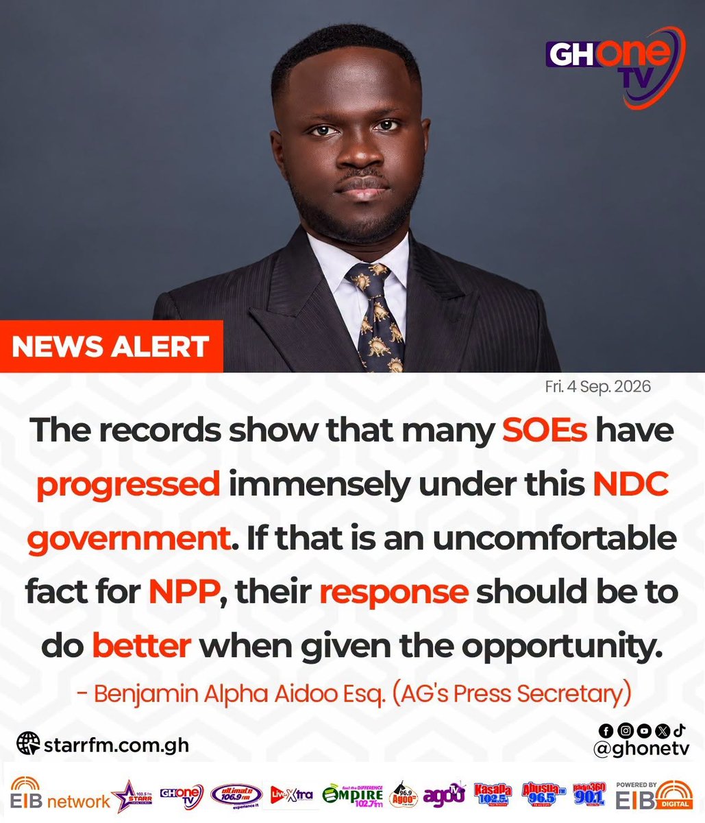 starr1035fm's tweet photo. The records show that many SOEs have progressed immensely under this NDC government. If that is an uncomfortable fact for NPP, their response should be to do better when given the opportunity... - Benjamin Alpha Aidoo Esq. (AG's Press Secretary)

#EIBNetwork 
#StarrFM
#GHOneNews https://t.co/KG9lRtQPyP
