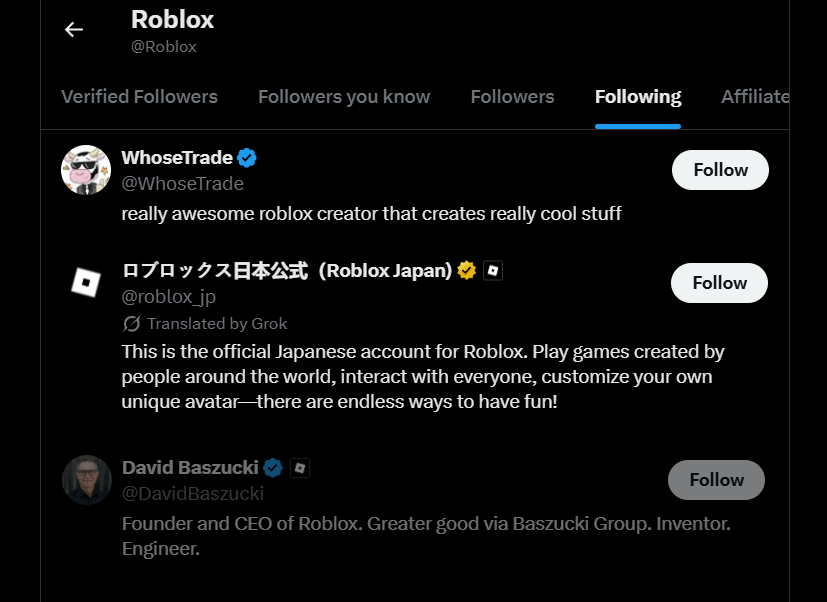 4Lulzy's tweet photo. The official Roblox account appears to have unfollowed David Baszucki. It's currently unclear if this is a mistake. https://t.co/P7o8SoPdLP