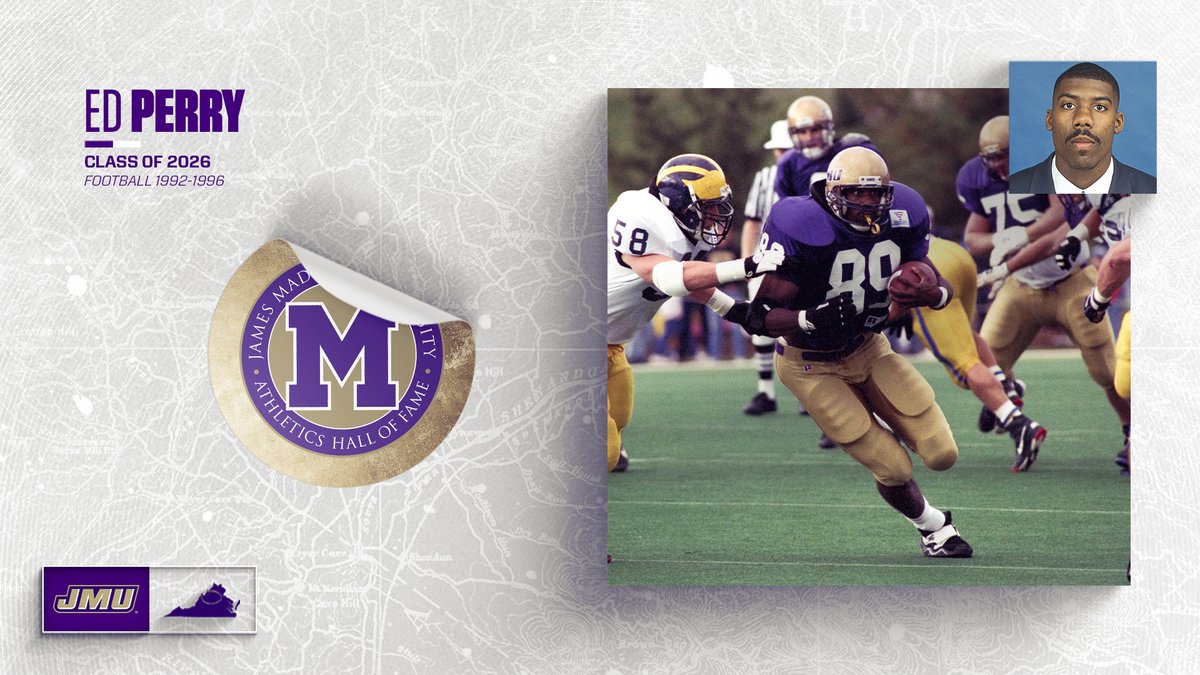 JMUSports's tweet photo. Ed Perry of @JMUFootball was a three-time All-American at tight end, earning his spot in the JMU HOF before continuing a nine-year NFL career as a long snapper. 
 
He accumulated 1,283 career yards receiving on 113 receptions with six touchdowns while averaging 11.4 yards per catch.

#GoDukes