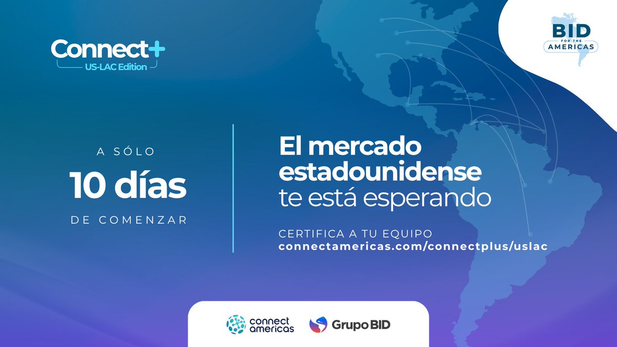 connectamericas's tweet photo. ¡Faltan 10 días para Connect+ US-LAC Edition!

+3.500 empresas ya se registraron. Regístrate y sé parte de esta experiencia que conecta a empresas, expertos y oportunidades de negocio entre América Latina y el Caribe y Estados Unidos.

📅 14-18 septiembre 💻 Online | Gratuito
👉  https://t.co/UghCUwwSxt

#ConnectAmericas hashtag#BIDfortheAmericas hashtag#ConnectPlus hashtag#USLAC hashtag#ExportaAEstadosUnidos
