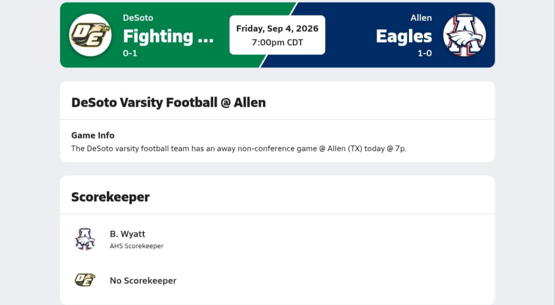 uil_texass__'s tweet photo. 📢 Gameday
🏆 Texas Hs Football
🏈 DeSoto 🆚 Allen
📆 Friday Sep 04, 2026
🎦  https://t.co/YJvSZn3bfV
⏰ 07:00 PM

@alleneaglesfb @AllenEaglesAth @RecruitAllen @lildex_11 @FootballDesoto @champmathis5 @Sticks_Teflon @KobeEdwards_5 @hekma_harrison https://t.co/ZwWAmmtlrx