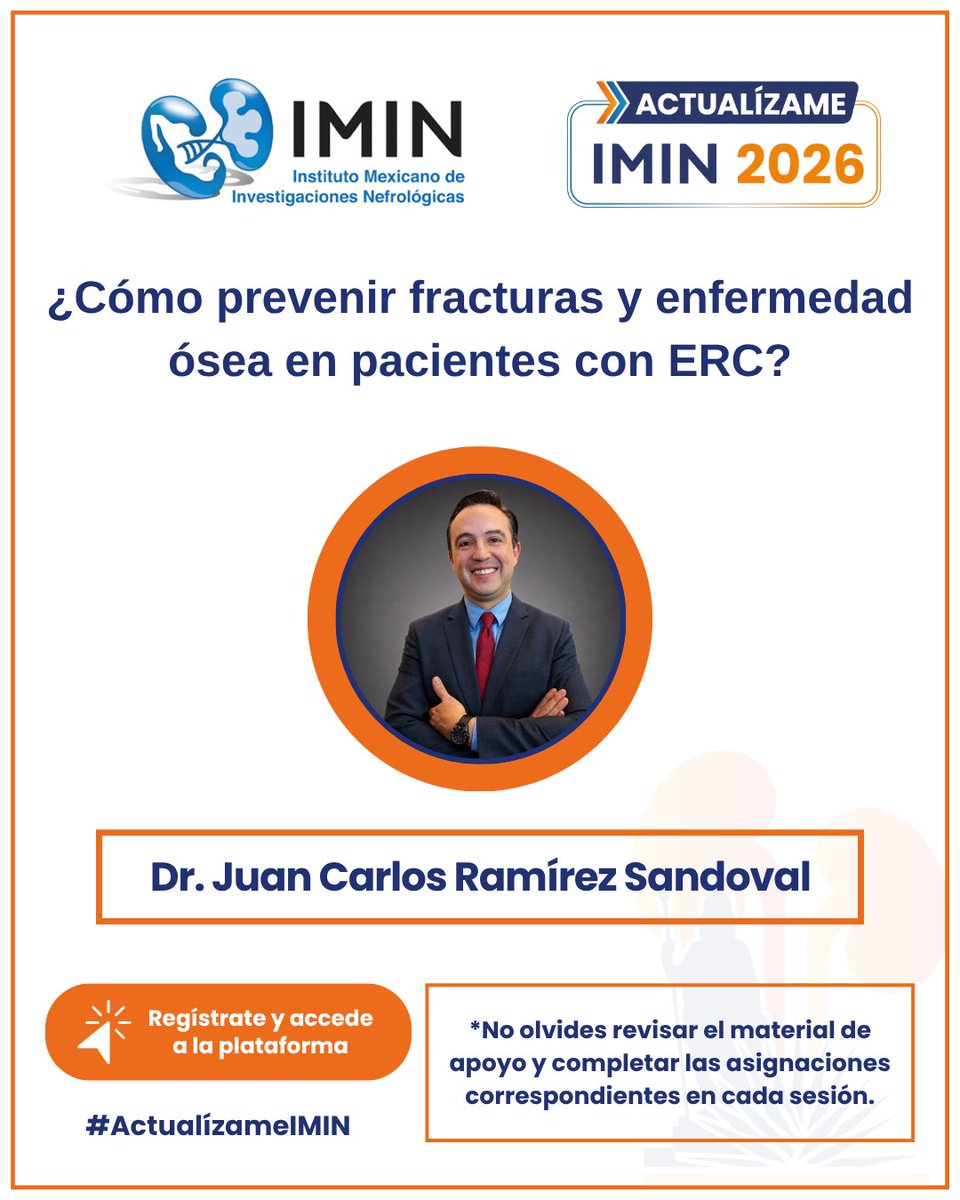 IMINmx's tweet photo. ¿Cómo prevenir fracturas y enfermedad ósea en pacientes con ERC?

El Dr. Juan Carlos Ramírez Sandoval abordará este tema en Actualízame IMIN 2026.

💻 21 clases en línea
🏥 17 clases presenciales

https://t.co/YVp7oWmiMT

#ActualízameIMIN #ERC #Nefrología https://t.co/6JiEjwTZqu