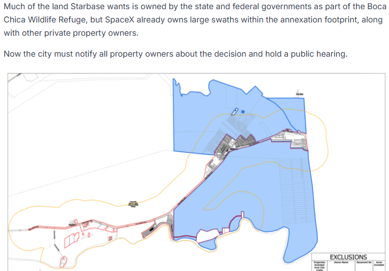 CowboyDanPaasch's tweet photo. Likely topping tonite's city of #StarbaseTX council meeting, the second & final reading of the proposed annexation of 7133 acres of mostly uninhabited #USgov and #TXgov properties.
Three guesses which way this goes. #SpaceX https://t.co/6eg4czatGt