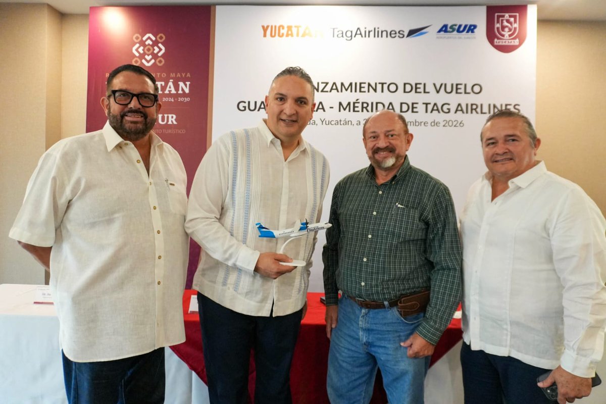 DarioFlota's tweet photo. Presentamos el relanzamiento de la ruta Guatemala-Mérida de TAG Airlines, del 3 de noviembre al 30 de enero, parte de la estrategia de conectividad del gobierno de @huachodiazmena. ✈️

#RenacimientoMaya #Yucatán https://t.co/zKCNkzAih5