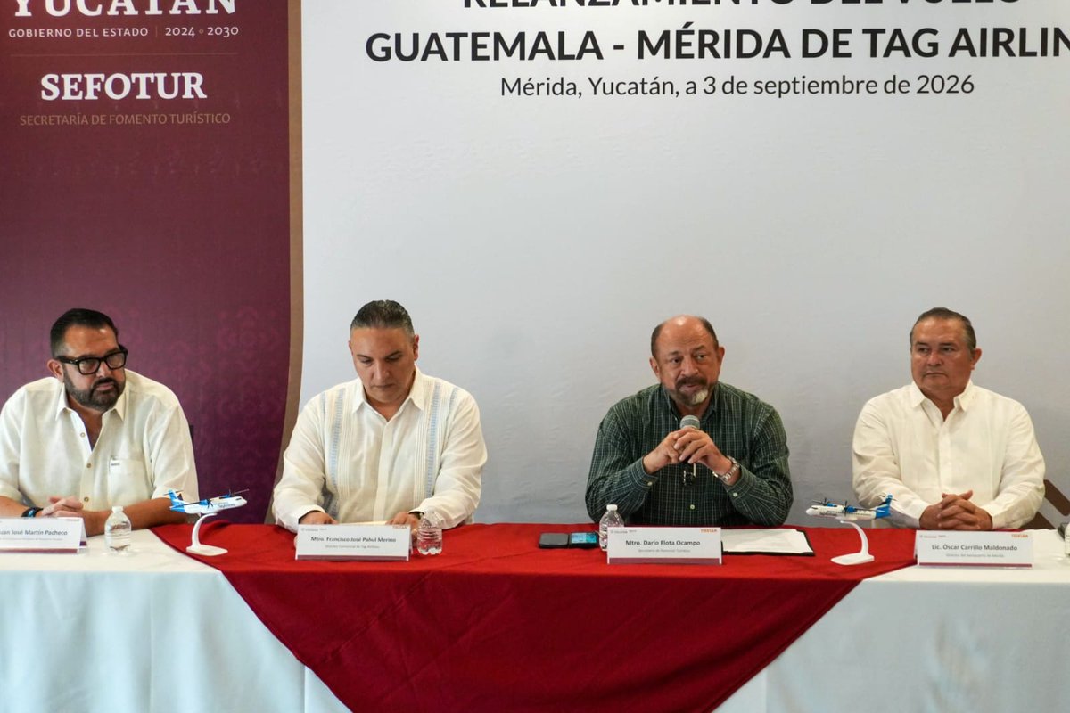 DarioFlota's tweet photo. Presentamos el relanzamiento de la ruta Guatemala-Mérida de TAG Airlines, del 3 de noviembre al 30 de enero, parte de la estrategia de conectividad del gobierno de @huachodiazmena. ✈️

#RenacimientoMaya #Yucatán https://t.co/zKCNkzAih5