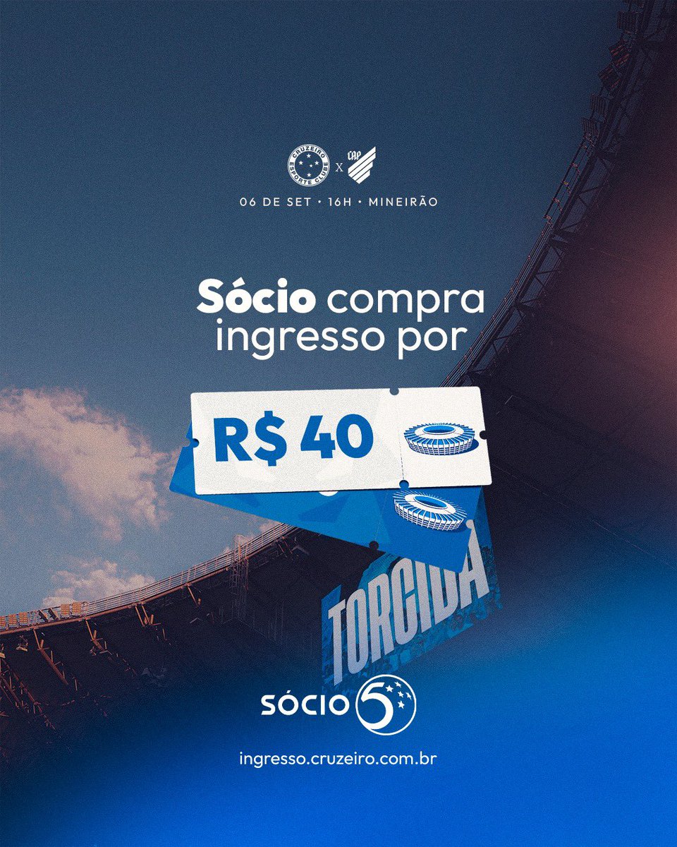 socio5estrelas's tweet photo. 🚨 SÓCIO 5 ESTRELAS: INGRESSO POR R$ 40! 🚨

Garanta sua entrada e jogue junto com o Cabuloso em mais uma importante partida do Brasileirão! 🔵⚪️
https://t.co/dbo1BR93UN https://t.co/aTcY2aaxlN