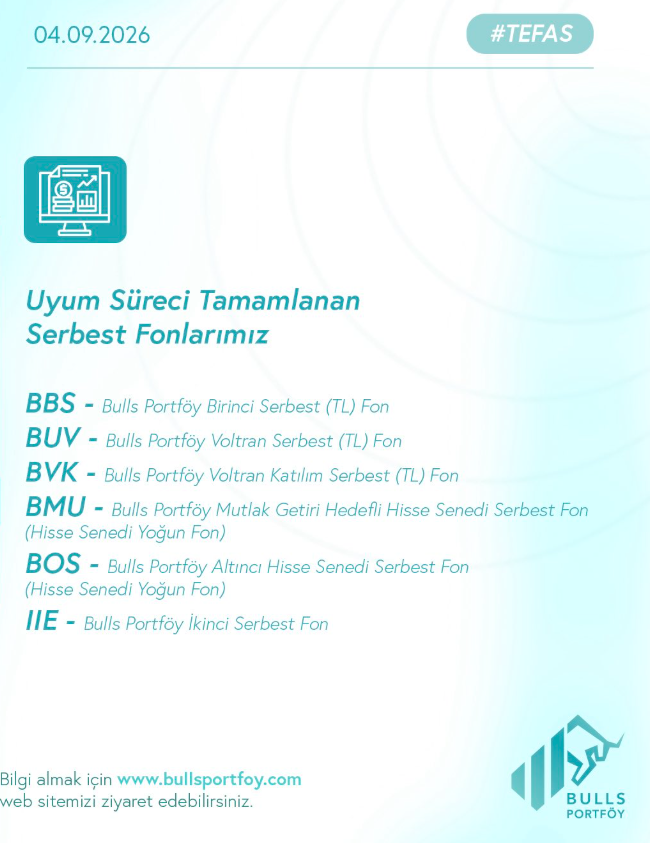 BTstrateji's tweet photo. Bulls portföy serbest fonların yeni SPK düzenlemesine uyum sağladığını duyurdu.
#BBS - Bulls Portföy Birinci Serbest (TL) Fon
#BUV - Bulls Portföy Voltran Serbest (TL) Fon
#BVK - Bulls Portföy Voltran Katılım Serbest (TL) Fon
#BMU - Bulls Portföy Mutlak Getiri Hedefli Hisse Senedi Serbest Fon (Hisse Senedi Yoğun Fon)
#BOS - Bulls Portföy Altıncı Hisse Senedi Serbest Fon (Hisse Senedi Yoğun Fon)
#IIE - Bulls Portföy İkinci Serbest Fon
