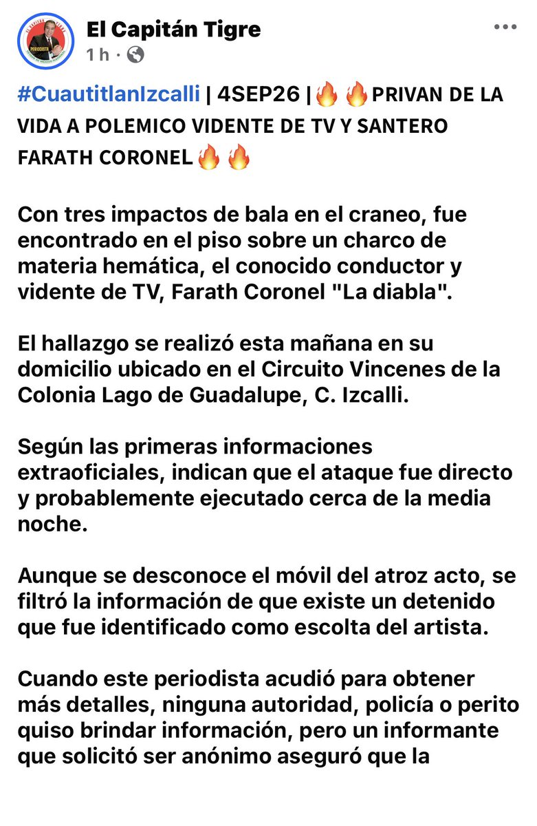 chismebeibis's tweet photo. 🚨INFORMACIÓN DE ÚLTIMA HORA 
de acuerdo con el periodista “el capitán tigre” desvivieron al vidente #frathcoronel información en desarrollo #noticia #4Sept https://t.co/I27bfhdlrB