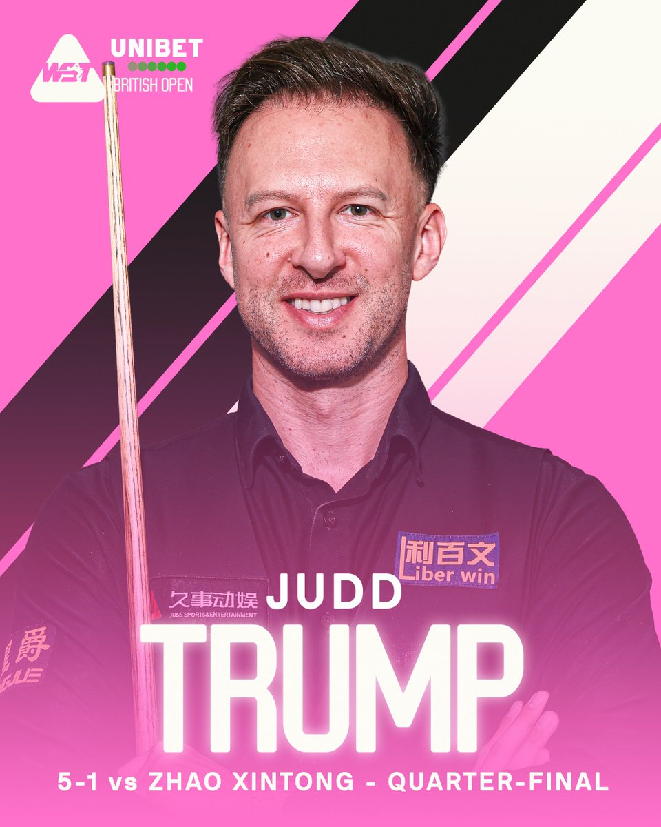 WeAreWST's tweet photo. REVENGE IS A DISH BEST SERVED COLD! 🥶

Judd Trump avenges his Tour Championship final loss to Zhao Xintong, defeating the new World No.1 5-1.

Aaron Hill or Jak Jones await in the semi-final.

#BritishOpen | @unibet https://t.co/ZLCiBCxlzu