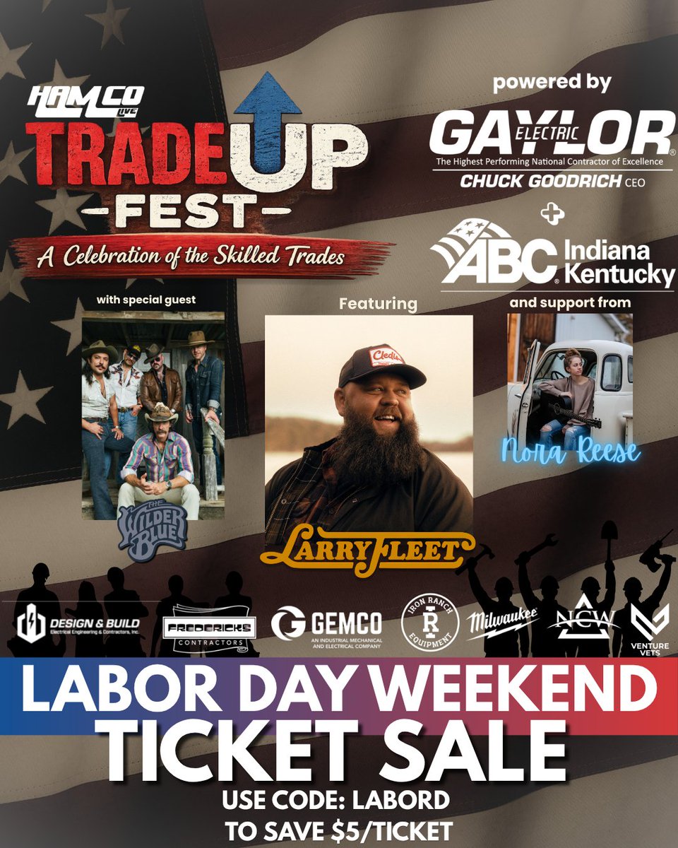gaylorelectric's tweet photo. Now through Monday at midnight, you can save $5 per ticket to the TradeUp Fest arena concert featuring Larry Fleet, The Wilder Blue, and Nora Reese with code: LABORD.

Purchase tickets at https://t.co/veKr3NGSr3 https://t.co/mYsyST6Fly