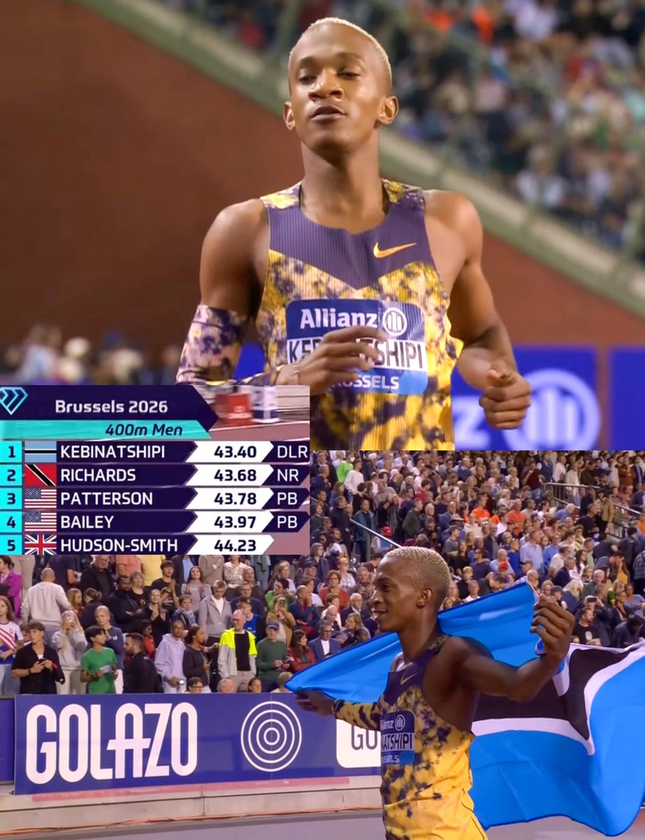 TrackGazette's tweet photo. 43.40s!!🤯🔥

NATIONAL RECORD ☑️
DIAMOND LEAGUE RECORD ☑️

Collen Kebinatshipi 🇧🇼 stormed to a PB & National Record for Botswana, winning the men's 400m at the Brussels Diamond League Final in 43.40s!

He dragged 3 men under 44 seconds, Jereem Richards 🇹🇹 setting a new Trinidadian Record of 43.68s in 2nd place.